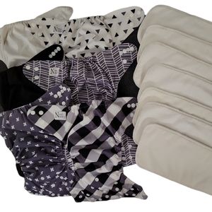 6 Nora's Nursery reusable cloth diapers 7 inserts goth black gray plaid unisex